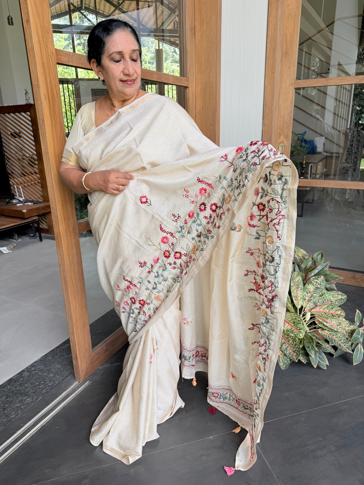 DS7 chanderi saree with hand embroidery