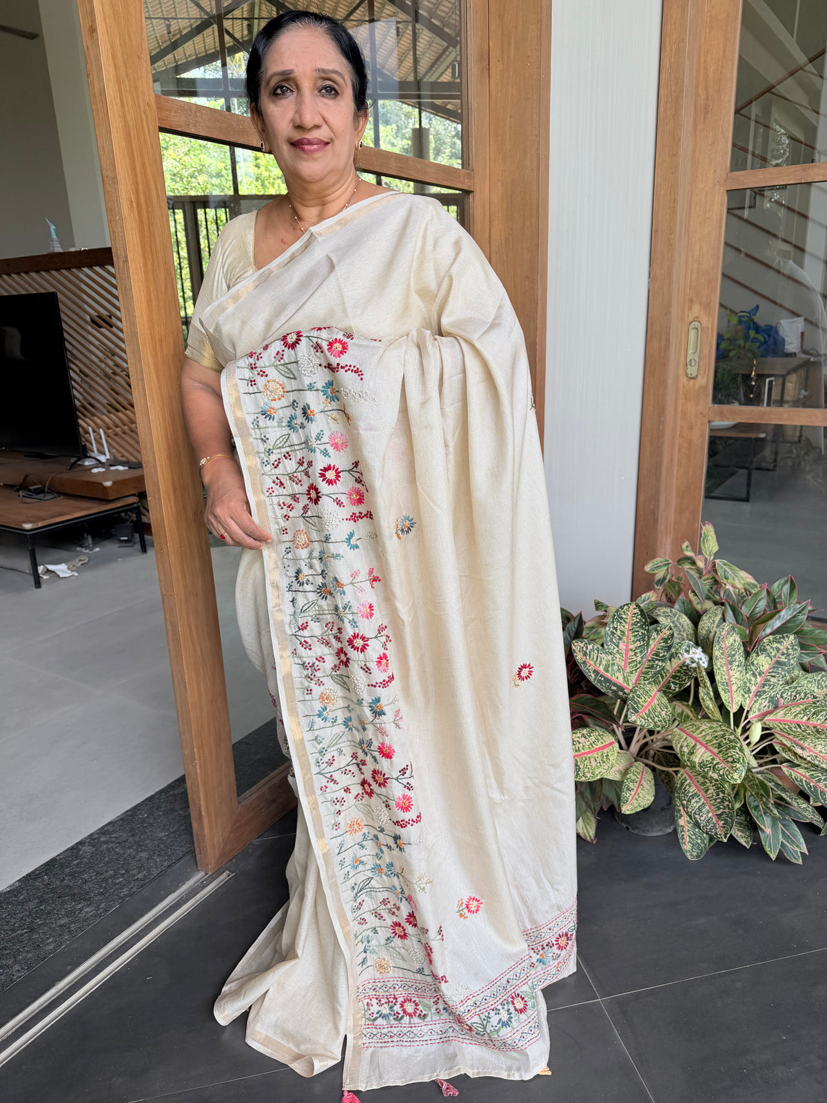 DS7 chanderi saree with hand embroidery